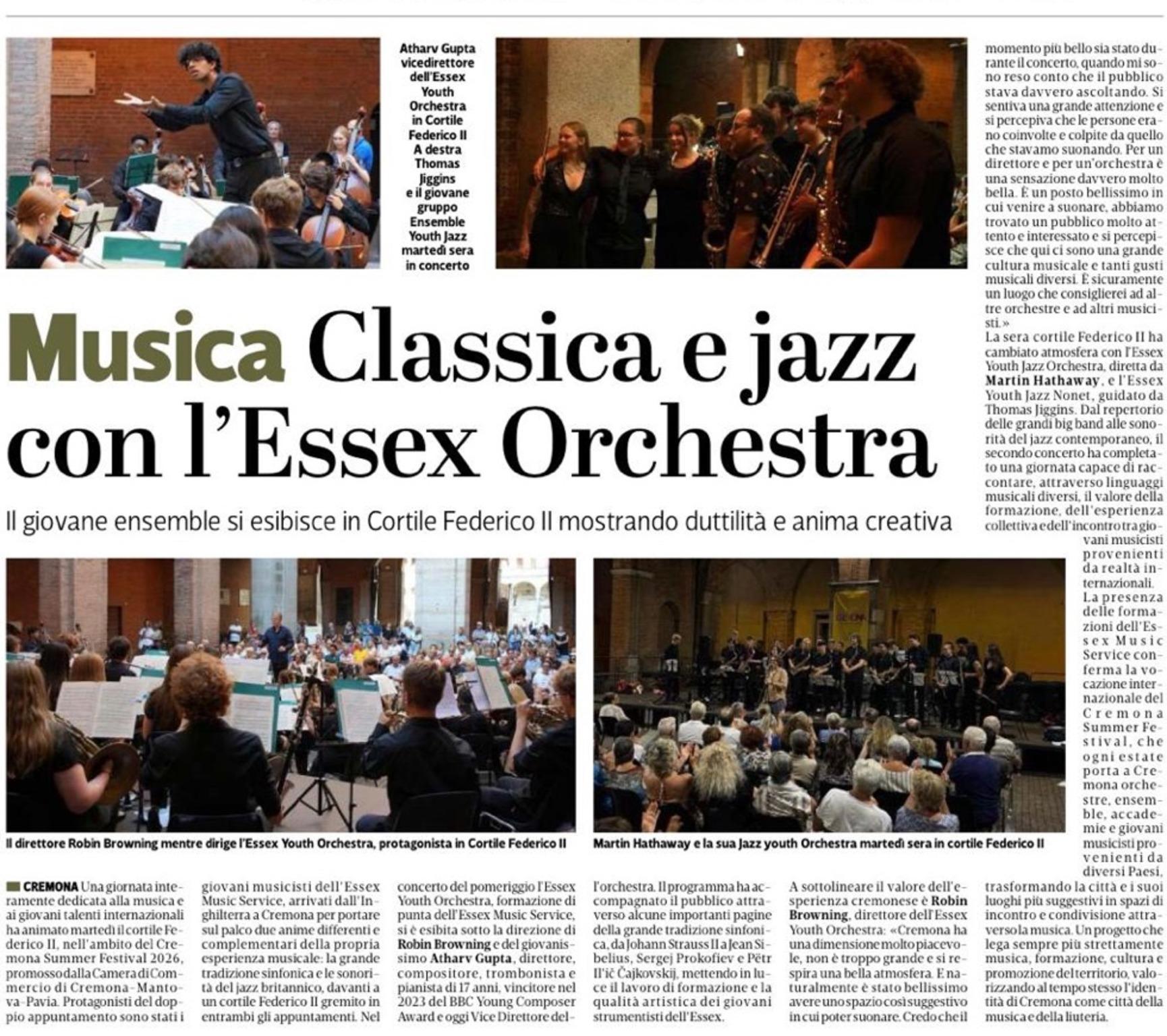 Ritaglio dell’articolo Musica classica e jazz con l’Essex Orchestra, pubblicato da La Provincia il 27 agosto 2026